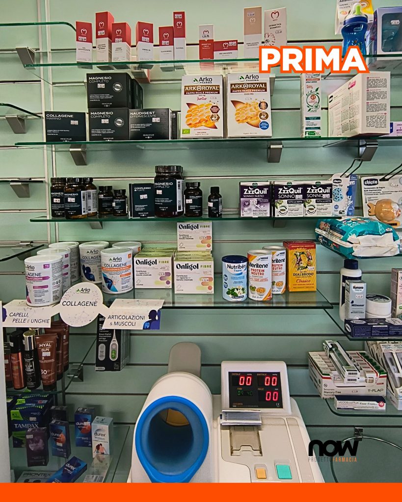 Una Farmacia con una piccola area espositiva, arredi datati, un retro banco minimo, ma tanta voglia di riorganizzare l’area vendita e di impararne la gestione: Farmacia Carnelli – Now Farmacia esposizione