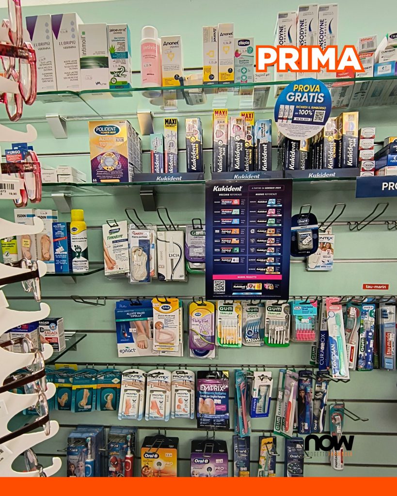 Una Farmacia con una piccola area espositiva, arredi datati, un retro banco minimo, ma tanta voglia di riorganizzare l’area vendita e di impararne la gestione: Farmacia Carnelli – Now Farmacia esposizione