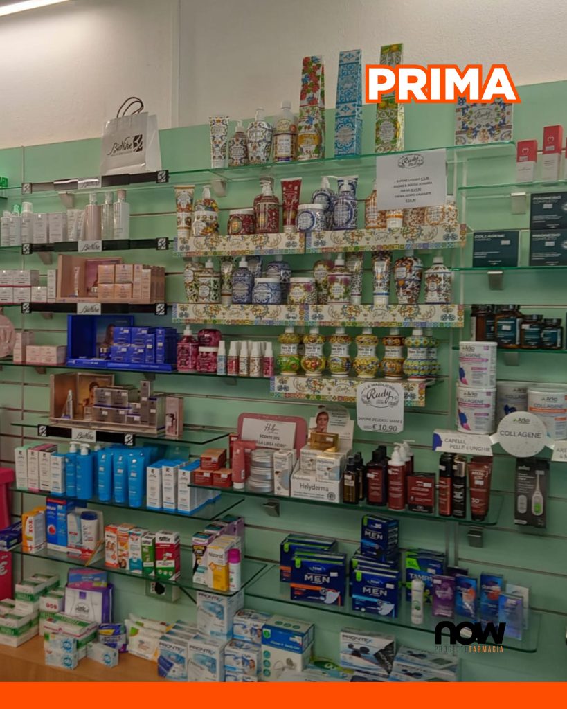 Una Farmacia con una piccola area espositiva, arredi datati, un retro banco minimo, ma tanta voglia di riorganizzare l’area vendita e di impararne la gestione: Farmacia Carnelli – Now Farmacia esposizione