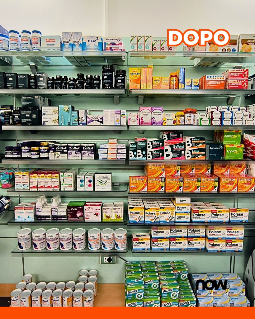 Una Farmacia con una piccola area espositiva, arredi datati, un retro banco minimo, ma tanta voglia di riorganizzare l’area vendita e di impararne la gestione: Farmacia Carnelli – Now Farmacia esposizione